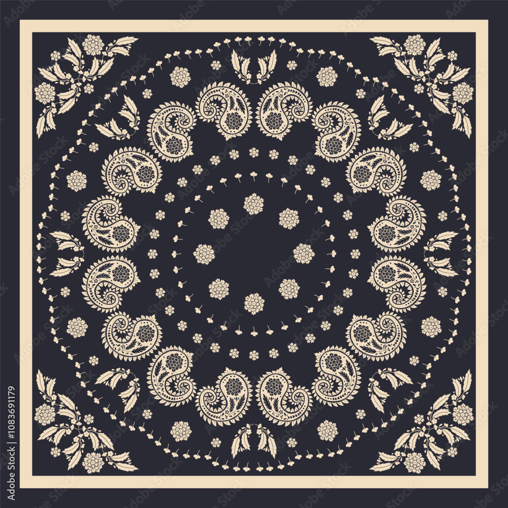 black and white scarf or bandana design with paisley mandala pattern ...