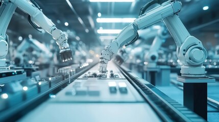 Aufkleber - Vast factory interior with complex machinery, conveyor belts, and robotic arms assembling products,