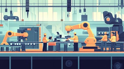 Poster - wide view of an assembly line with coordinated workers, robotic arms, and machinery creating a strea