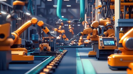 Poster - wide view of an assembly line with coordinated workers, robotic arms, and machinery creating a strea
