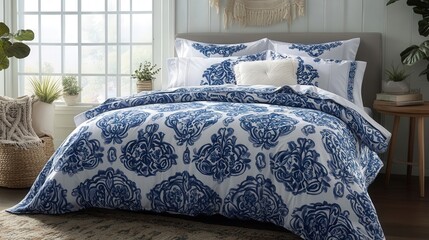 Poster - A set of luxury bed linens is displayed on a freshly made bed. Soft, high-thread-count fabric offers comfort and style,