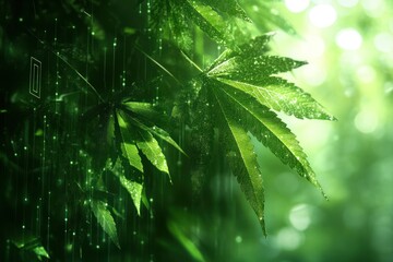 Poster - Green Leaf with Dew Drops and Glittering Lines
