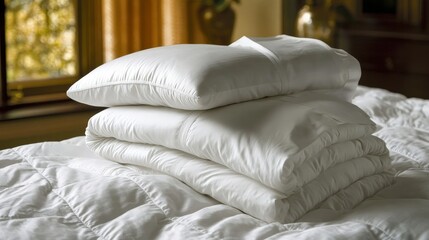 Poster - A set of luxury bed linens is displayed on a freshly made bed. Soft, high-thread-count fabric offers comfort and style,