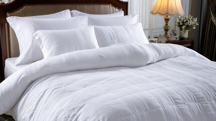 Poster - A set of luxury bed linens is displayed on a freshly made bed. Soft, high-thread-count fabric offers comfort and style,