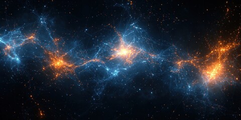 Aufkleber - Abstract Cosmic Network with Blue and Orange Glowing Points