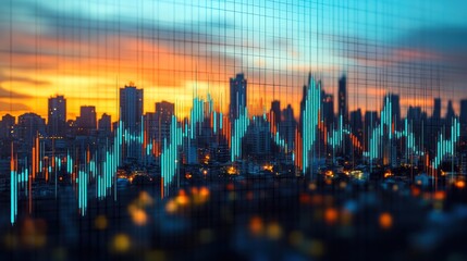 Poster - Cityscape with Overlaid Financial Chart at Sunset