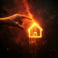 Leinwandbilder - A man's hand is pointing towards a bright, glowing symbol that looks like a house.