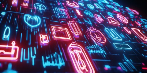 Poster - Abstract Neon Lights with Digital Icons on a Dark Background