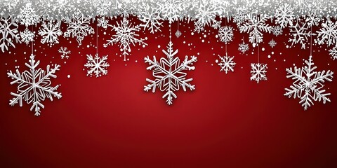 Poster - White Paper Snowflakes Hanging Over Red Background