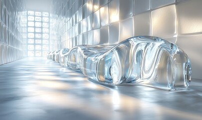 Poster - Abstract Glass Sculpture in a White Tiled Room