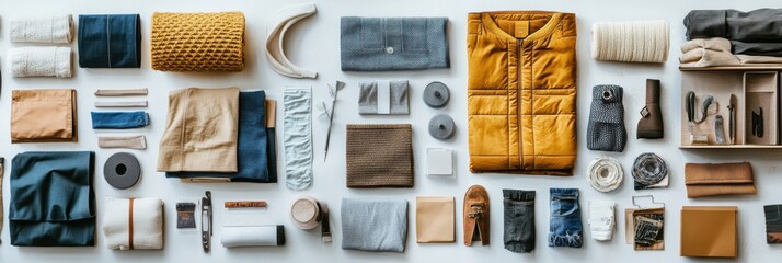 Fototapete - A variety of recycled and upcycled fabrics, clothing, and accessories are laid out on a table, highlighting eco-friendly design principles. Generative AI