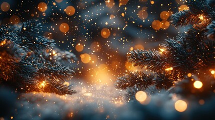 Poster - Pine Branches Adorned with Warm Lights and Snow