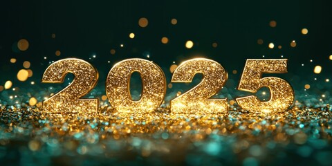 Poster - Glittering Gold 2025 on Teal Background