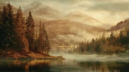 Poster - A painting of a forest with a lake in the background