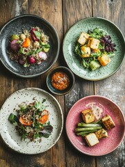Poster - Delicious plant-based meals are showcased on rustic dishes, featuring quinoa salads, tofu, and vibrant vegetables for a healthy dining experience. Generative AI