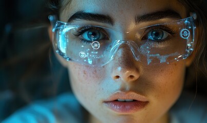 Poster - Close-up of a woman wearing futuristic glasses with glowing blue digital data patterns