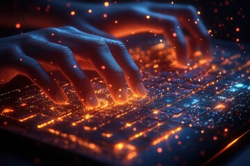 Poster - Fingers Typing on a Keyboard with Glowing Lights