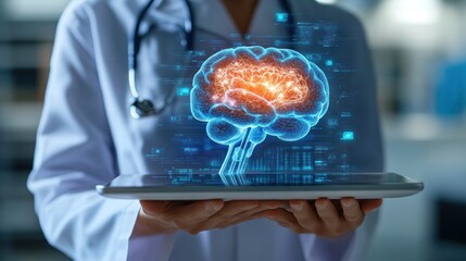 Fototapete - Doctor Holding a Tablet with a Digital Brain Projection