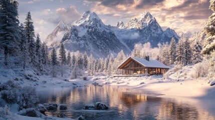 Poster - A mountain range is in the background with a house in the foreground