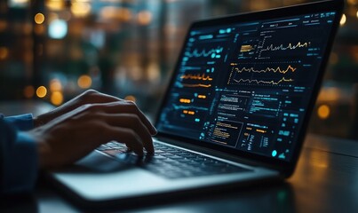 Leinwandbilder - Close-up of a Person's Hands Typing on a Laptop with Financial Data Displayed on the Screen