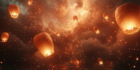 Aufkleber - Illuminated Sky Lanterns Ascending Amidst a Starry Night