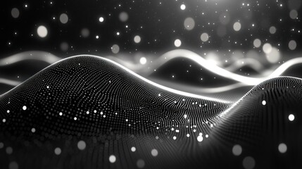 Poster - Abstract Black and White Wavy Background with Glowing Circles