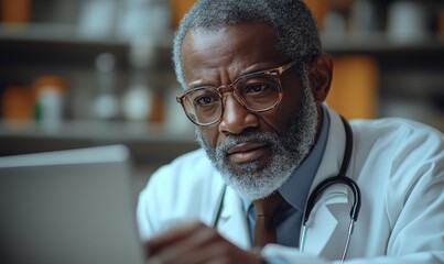 Poster - A Close-up Portrait of a Serious Doctor in a White Coat Looking at a Laptop