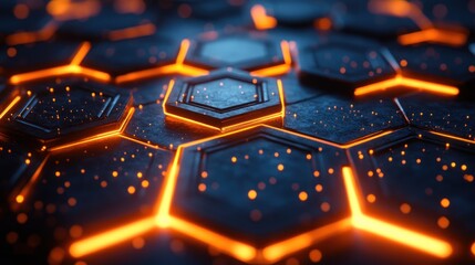 Poster - Illuminated Hexagon Pattern with Orange Glowing Lines