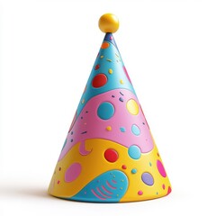 Wall Mural - 3D cartoon party hat, playful design, bright colors, isolated on white background