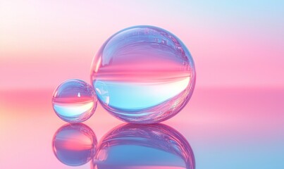Poster - Two Transparent Spheres Reflecting Pastel Pink and Blue Gradient
