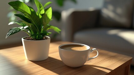 Poster - A white coffee cup sits on a wooden table next to a potted plant