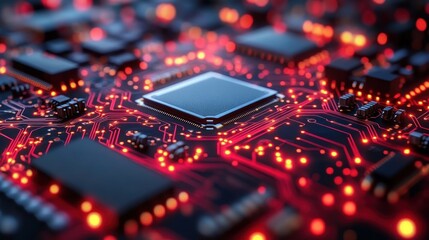 Poster - Close-up of a computer circuit board with glowing red lines and a central processor.