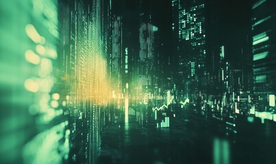 Aufkleber - Futuristic Cityscape with Abstract Green Lights and Data Streams