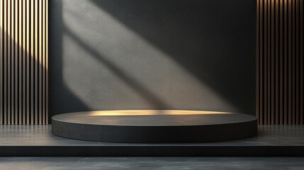 Poster - Black Circular Platform with Wood Paneling and Sunbeams