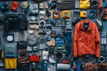 Aufkleber - A diverse assortment of recycled and upcycled goods is organized on a rustic wooden table, highlighting innovative reuse of materials. Generative AI