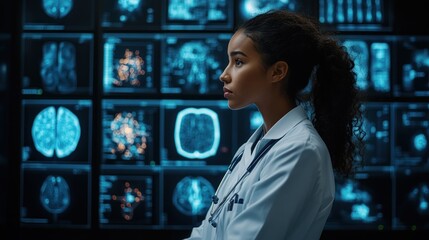 Aufkleber - Female Doctor Examining Brain Scans on Multiple Monitors