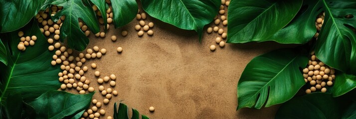 Poster - In a vibrant tropical setting, soybeans are scattered among large green leaves, creating a harmonious natural vibe. Generative AI