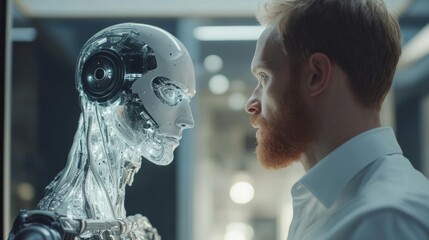 Poster - A man is standing in front of a robot with a beard