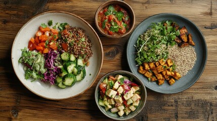 Poster - A delightful display of plant-based dishes showcases quinoa salads, tofu, and assorted fresh vegetables on a rustic wooden table. Generative AI