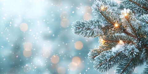 Poster - Snow-Covered Evergreen Branch with Fairy Lights