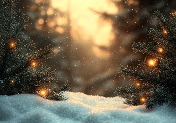 Poster - Illuminated Pine Branches on a Snowy Ground with a Blurred Golden Background