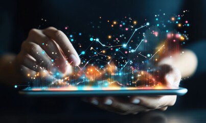 Poster - Hand Interacting with a Tablet Displaying a Holographic Data Visualization