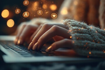 Poster - Close-up of Hands Typing on a Laptop with Sparkling Lights