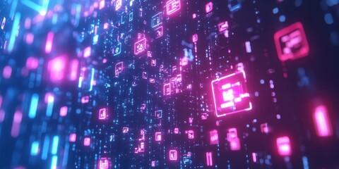 Poster - Abstract Digital Landscape with Neon Lights and Glowing Rectangles