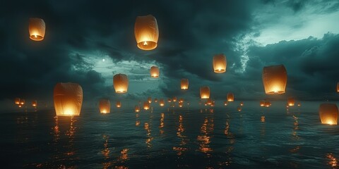 Poster - Illuminated Sky Lanterns Floating Above a Dark, Watery Surface