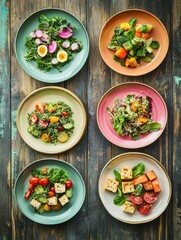 Aufkleber - Various plates with vibrant salads including quinoa, tofu, and assorted vegetables are beautifully arranged on a rustic wooden table. Generative AI