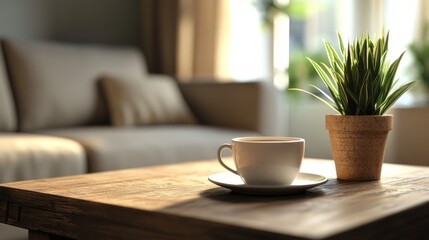 Poster - A white coffee cup sits on a wooden table next to a potted plant