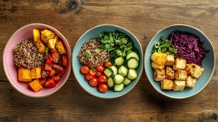 Aufkleber - Three bowls filled with vibrant plant-based dishes showcase quinoa salads, tofu, and fresh vegetables on a wooden table. Generative AI