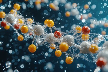 Poster - Molecular Structure in Water with Yellow, White, and Red Spheres