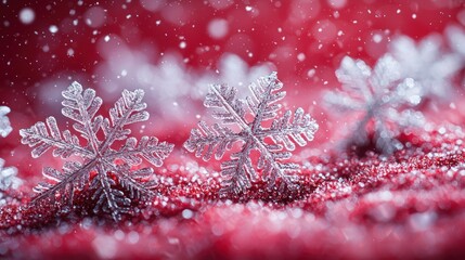 Aufkleber - Crystallized Snowflakes Resting on Red Glittering Surface